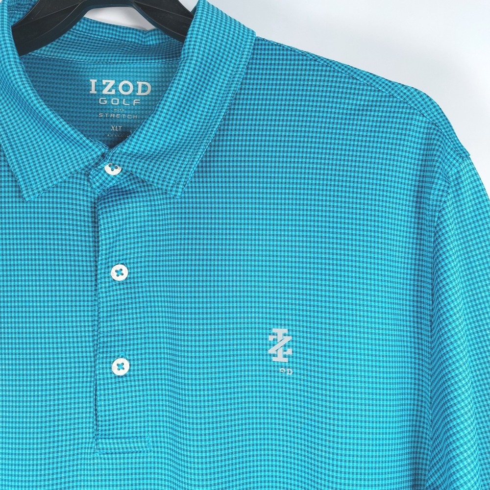 Izod Polo Golf Shirt Mens XLT Blue/Turquoise Micro Plaid Short Sleeve Outdoors